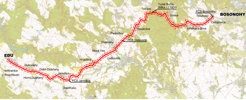 Mapa trasy horkovodu Dukovany–Brno